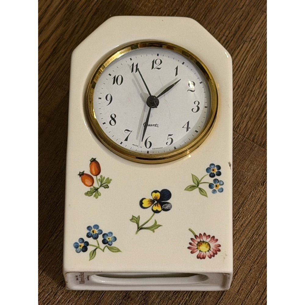 Vintage Villeroy & Boch "Petite Fleur" Porcelain Mantel Desk Clock Wind Up